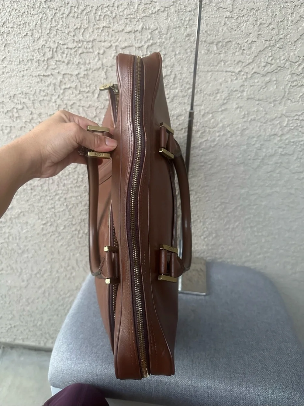 MCM Cognac Leather Briefcase with Gold Plaque